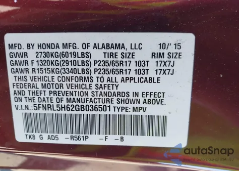 2016 Honda Odyssey Ex-L from USA, damaged, VIN 5FNRL5H62GB036501